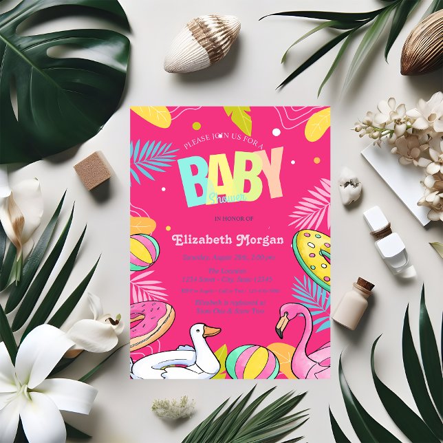 Swimming Pool Toys Leaves Pink Baby Shower  Invitation (Creator Uploaded)