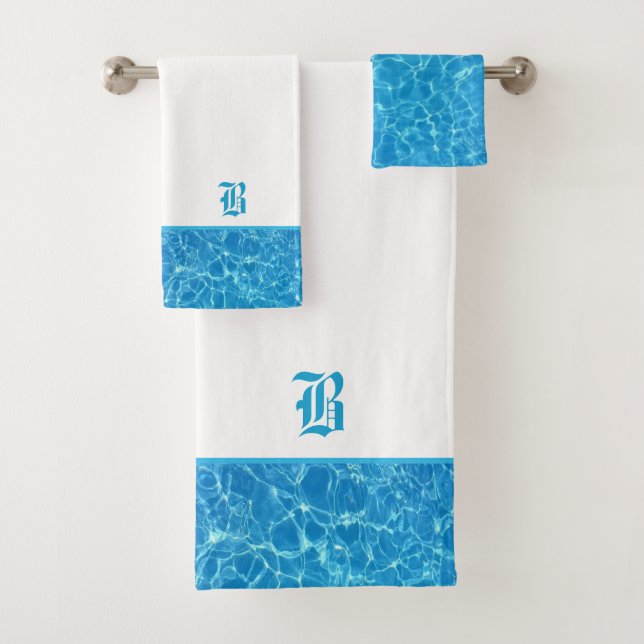 Swimming pool turquoise blue water & calligraphy bath towel set (Insitu)