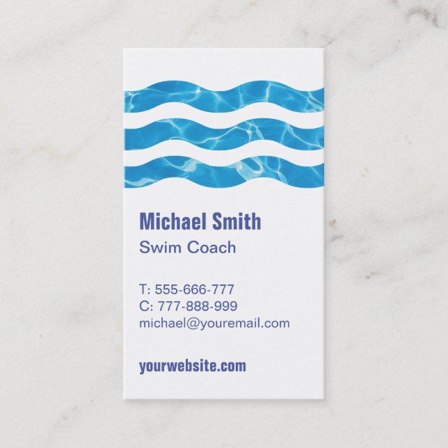 Swimming Pool Waves Swim Coach Business Card (Front)
