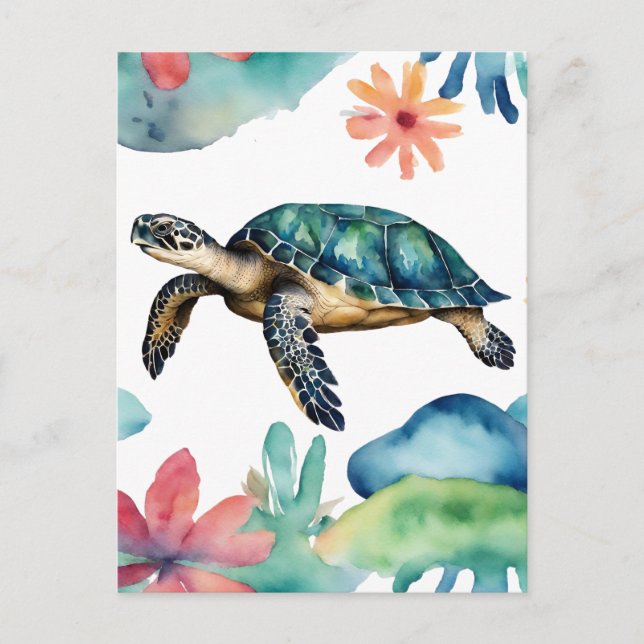 Swimming Sea Turtle Abstract Watercolor  Postcard (Front)