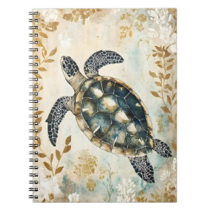 swimming sea turtle surrounded by floral patterns. notebook