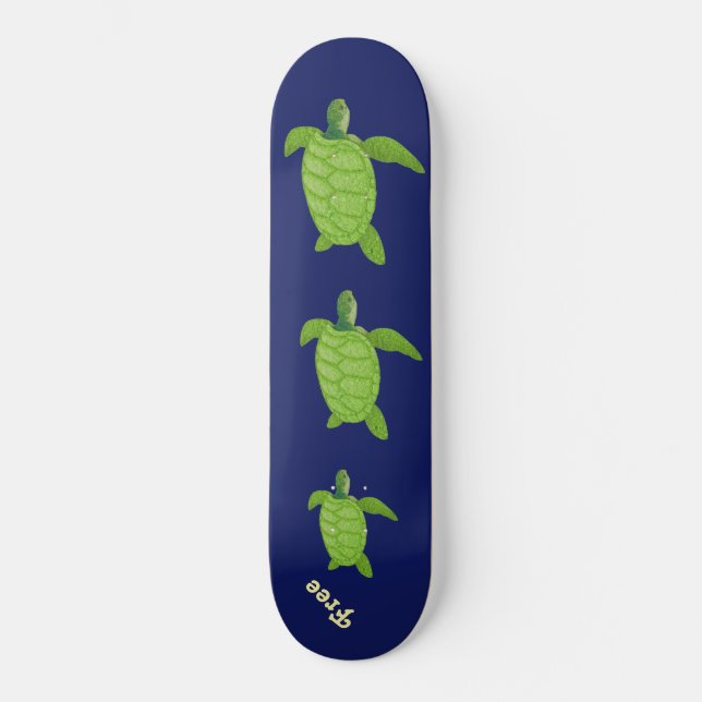 Swimming sea turtles and calligraphy on blue skateboard (Front)