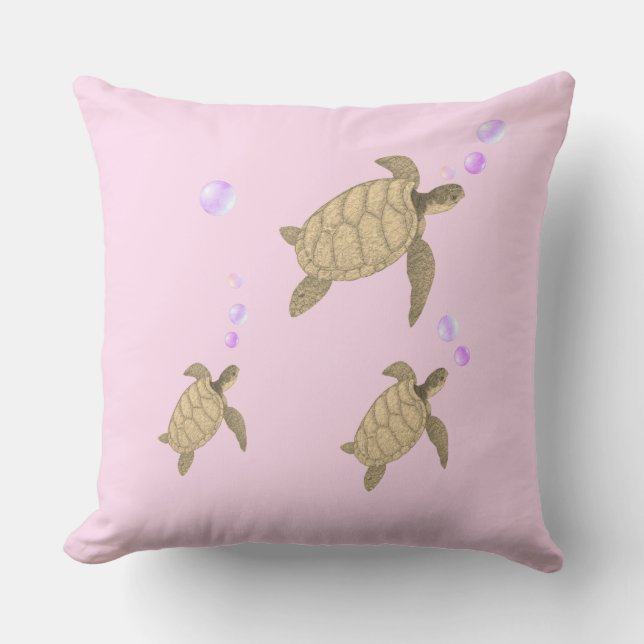 Swimming sea turtles on rose gold cushion (Front)