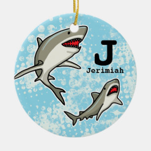 Swimming Sharks, Add Child's Name and Monogram Ceramic Tree Decoration
