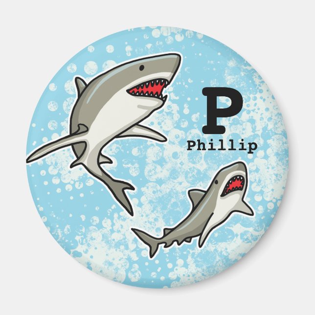 Swimming Sharks, Add Child's Name and Monogram Magnet (Front)