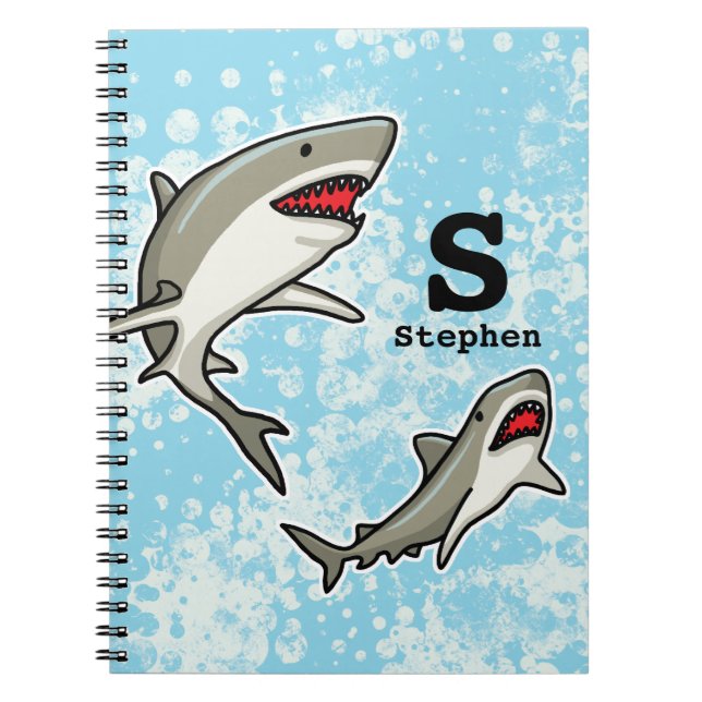 Swimming Sharks, Add Child's Name and Monogram Notebook (Front)