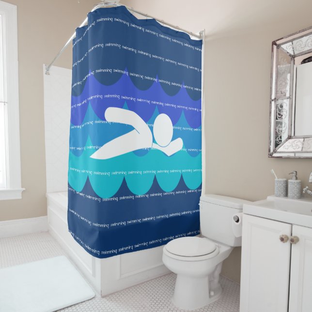 Swimming Text Design Shower Curtain (In Situ)