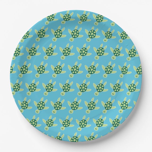 Swimming Turtles Pattern Blue Paper Plate (Front)