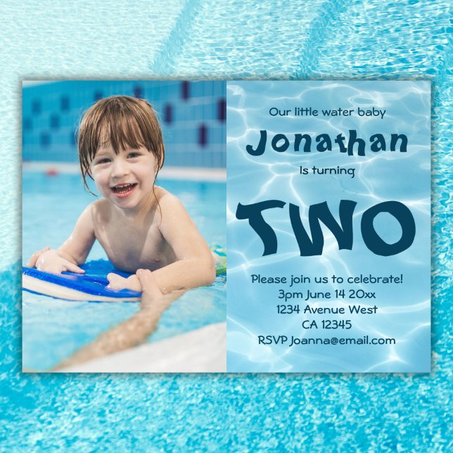 Swimming water baby photo 2nd birthday party invitation (Creator Uploaded)