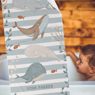 Swimming Whales Stripe towel set with name