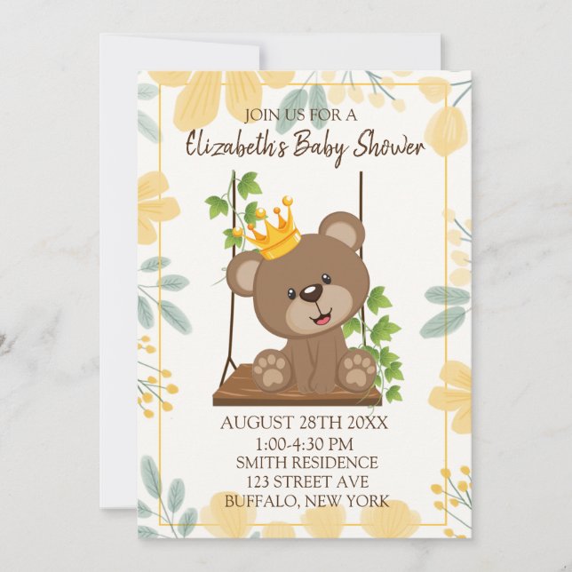 Swing Flora Prince Bear Boy Baby Shower Invitation (Front)