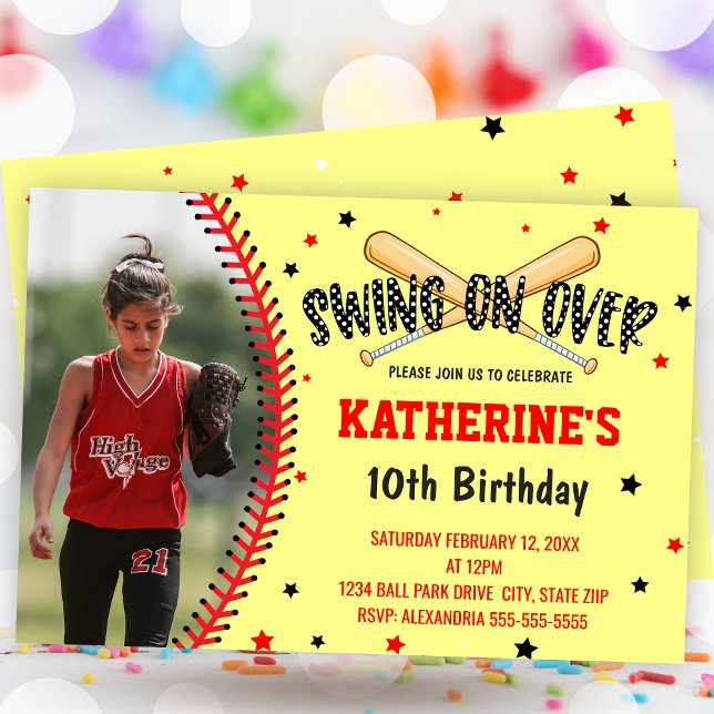 Swing On Over Girls Softball Birthday Party Invitation (Swing On Over Girls Softball Birthday Party Invitation)