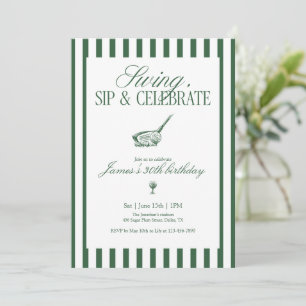 Swing Sip Celebrate Golf Birthday Green Stripe Invitation