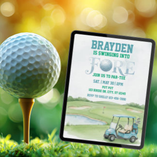 Swinging Into Fore, Blue Golf 4th Birthday Invitation