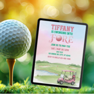 Swinging Into Fore, Pink Golf 4th Birthday Invitation