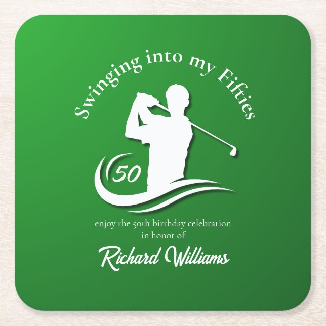 Swinging into My Fifties Modern Golf Player Party Square Paper Coaster (Front)