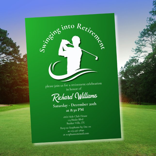 Swinging into Retirement Modern Golf Player Party Invitation (Creator Uploaded)