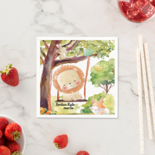 Swinging Lion, Fox, Bunny and Birds Blush Nature Napkin