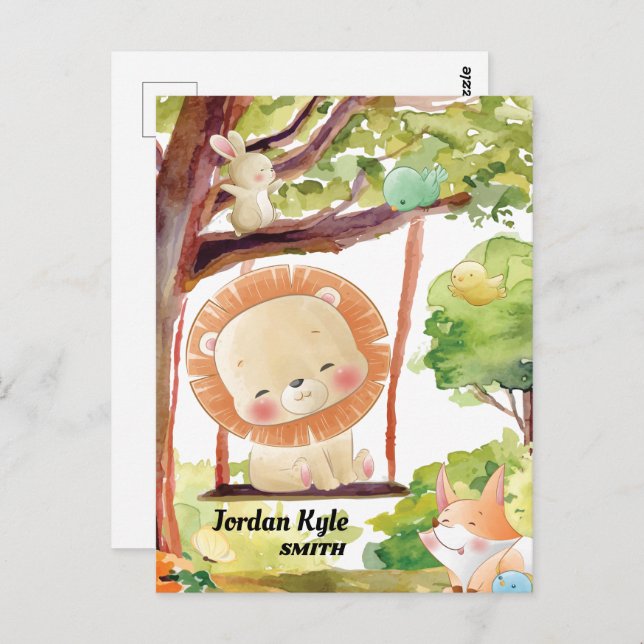 Swinging Lion, Fox, Bunny and Birds Blush Nature Postcard (Front/Back)