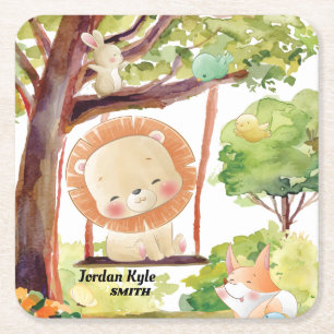 Swinging Lion, Fox, Bunny and Birds Blush Nature Square Paper Coaster