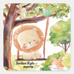 Swinging Lion, Fox, Bunny and Birds Blush Nature Square Sticker