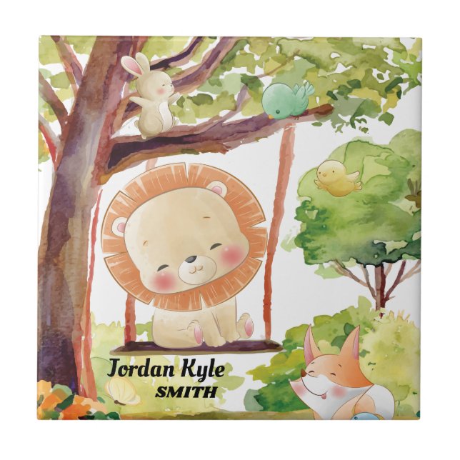 Swinging Lion, Fox, Bunny and Birds Blush Nature Tile (Front)