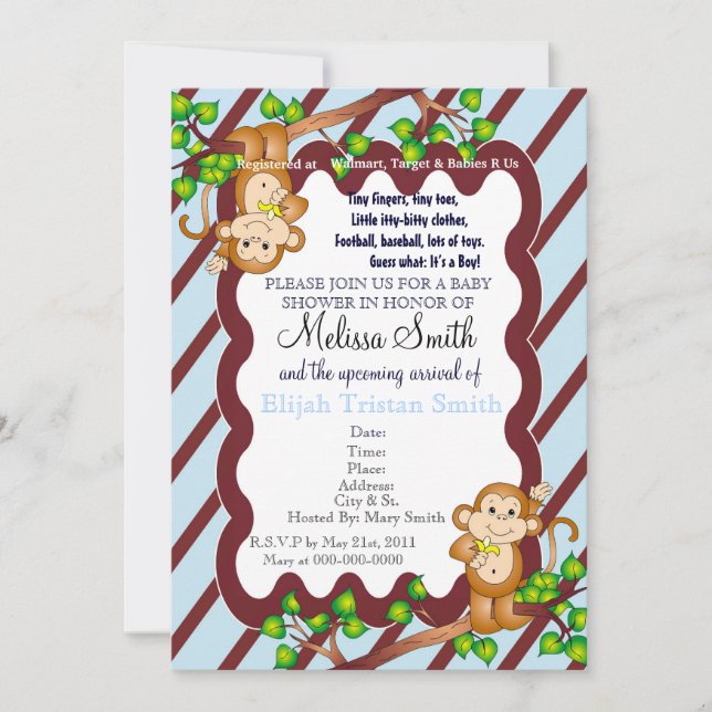 Swinging Monkey Baby Shower Invitation - Blue (Front)