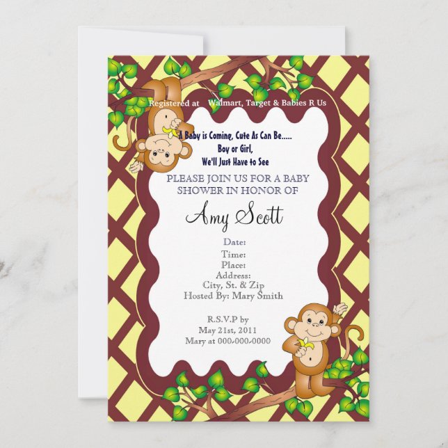 Swinging Monkey Baby Shower Invitation - Yellow (Front)