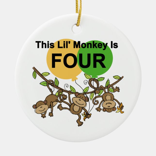 Swinging Monkeys 4th Birthday Tshirts and Gifts Ceramic Tree Decoration (Front)