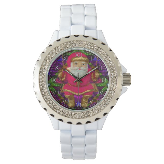 Swinging Santa Rhinestone White Enamel Watch (Front)