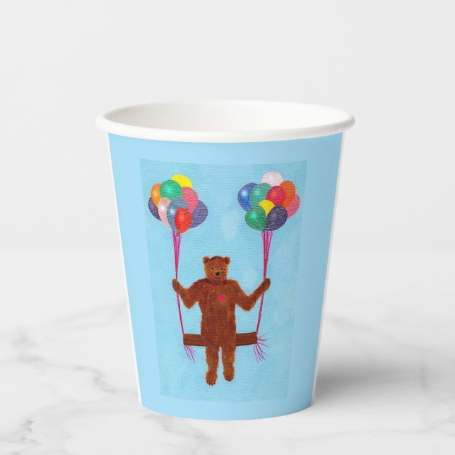 Swinging Teddy Bear on Balloon Swing Birthday Cups (Front)
