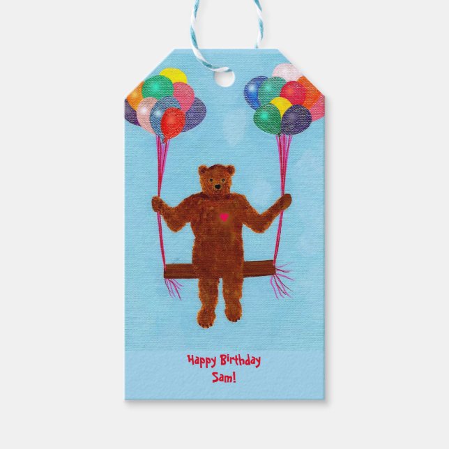 Swinging Teddy Bear Personalised Birthday Gift Tag (Front)