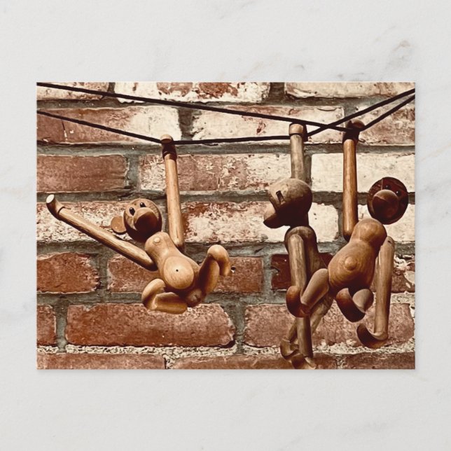 Swinging Wooden Toy Three Monkeys PostCard (Front)