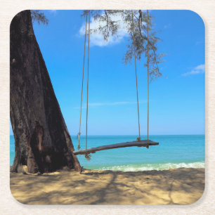 Swings & Tree on the Sand Square Paper Coaster