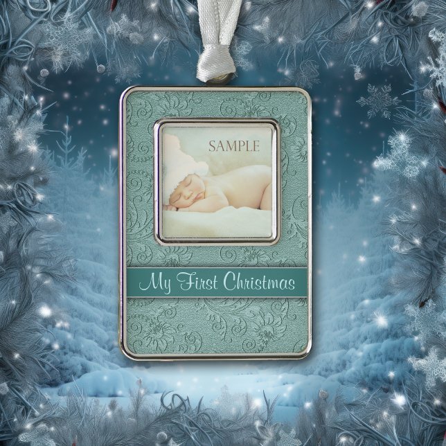 Swirl Aqua Baby First Christmas Silver Plated Framed Ornament (Creator Uploaded)