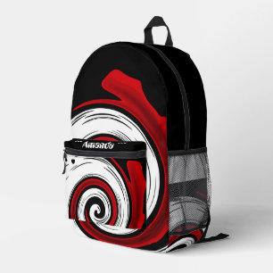 Swirl liquid circle modern black red white colours printed backpack