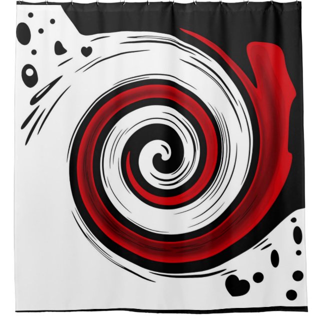 Swirl liquid circle modern black red white colours shower curtain (Front)