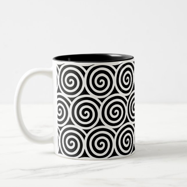 Swirl Spiral Circles on Black & White Two-Tone Coffee Mug (Left)