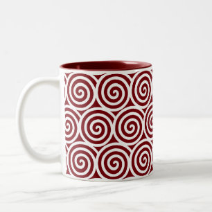 Swirl Spiral Circles on Maroon & White Two-Tone Coffee Mug