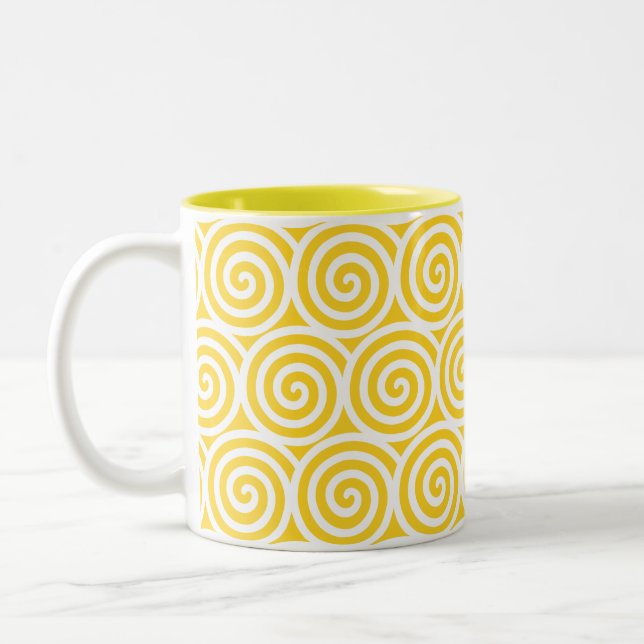 Swirl Spiral Circles on Yellow & White Two-Tone Coffee Mug (Left)