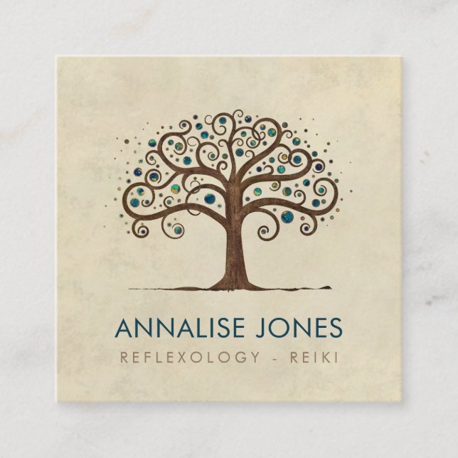 Swirl Tree of Life - Marble and Gold leaves Square Business Card (Front)