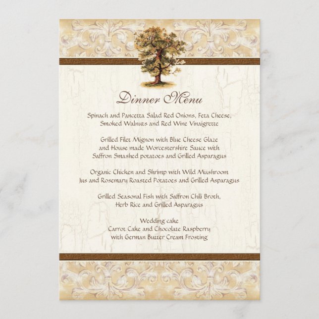 Swirl Tree Roots Antiqued Parchment Wedding Menu (Front)