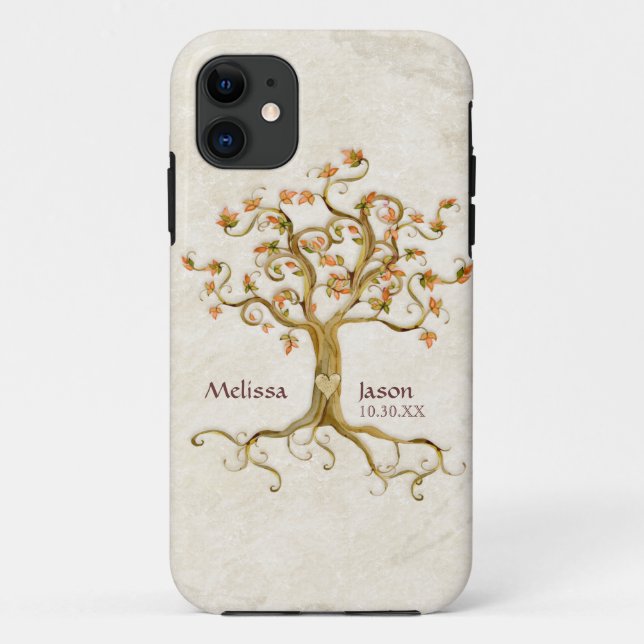 Swirl Tree Roots Antiqued Personalised Names Heart Case-Mate iPhone Case (Back)