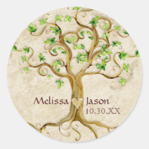Swirl Tree Roots Antiqued Personalised Names Heart Classic Round Sticker