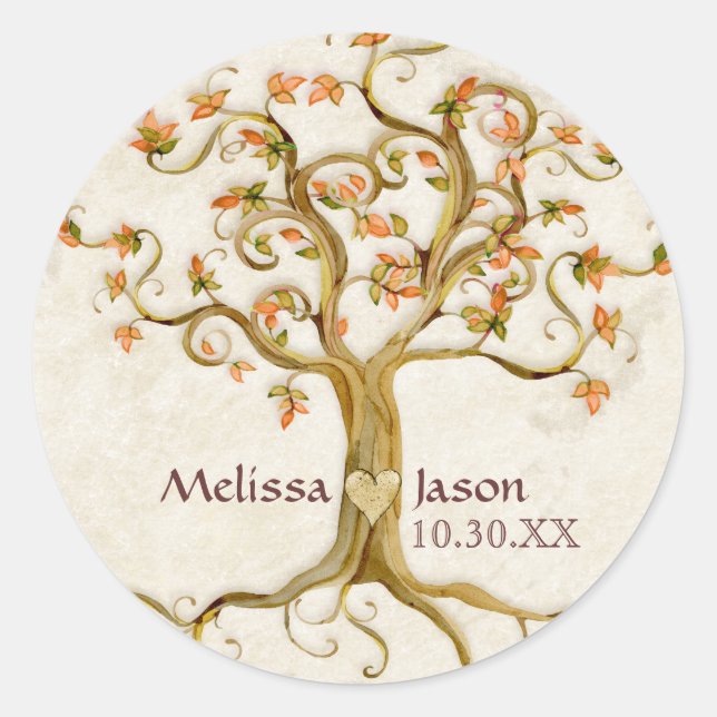 Swirl Tree Roots Antiqued Personalised Names Heart Classic Round Sticker (Front)