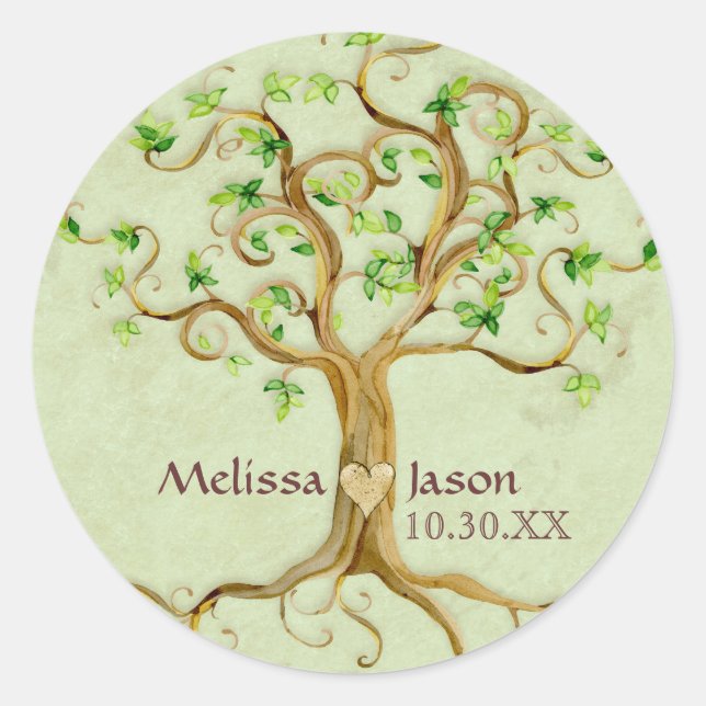Swirl Tree Roots Antiqued Personalised Names Heart Classic Round Sticker (Front)