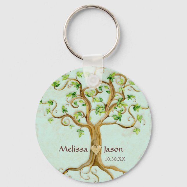 Swirl Tree Roots Antiqued Personalised Names Heart Key Ring (Front)