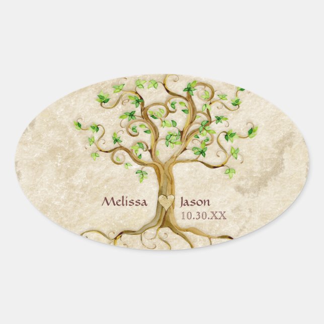 Swirl Tree Roots Antiqued Personalised Names Heart Oval Sticker (Front)
