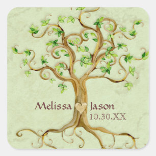 Swirl Tree Roots Antiqued Personalised Names Heart Square Sticker