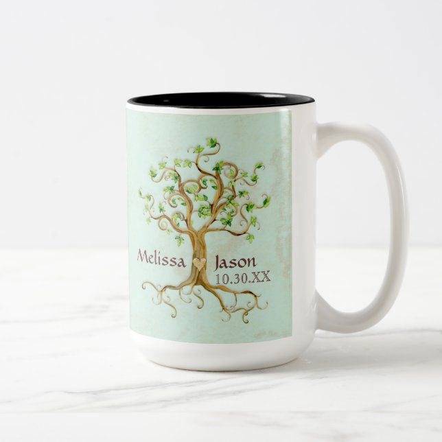 Swirl Tree Roots Antiqued Personalised Names Heart Two-Tone Coffee Mug (Right)